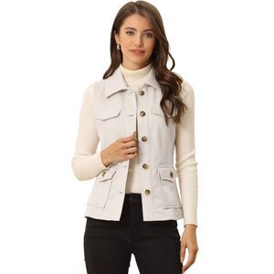Faux Suede Vest Utility Buttoned with Cargo Pocket Beige